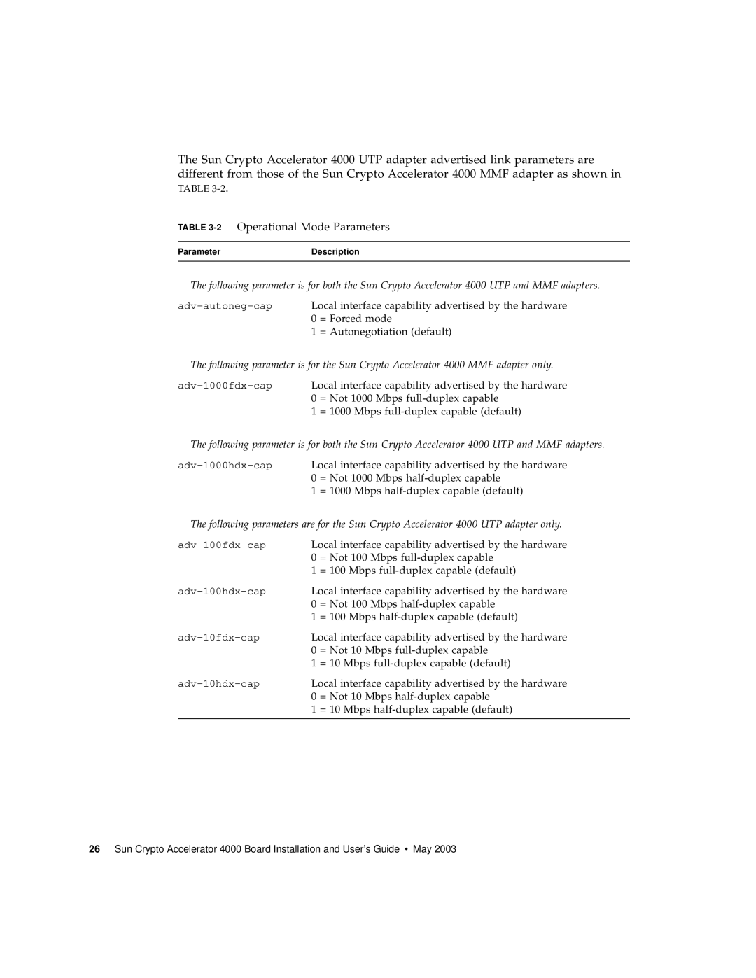 Sun Microsystems 4000 manual 2Operational Mode Parameters 