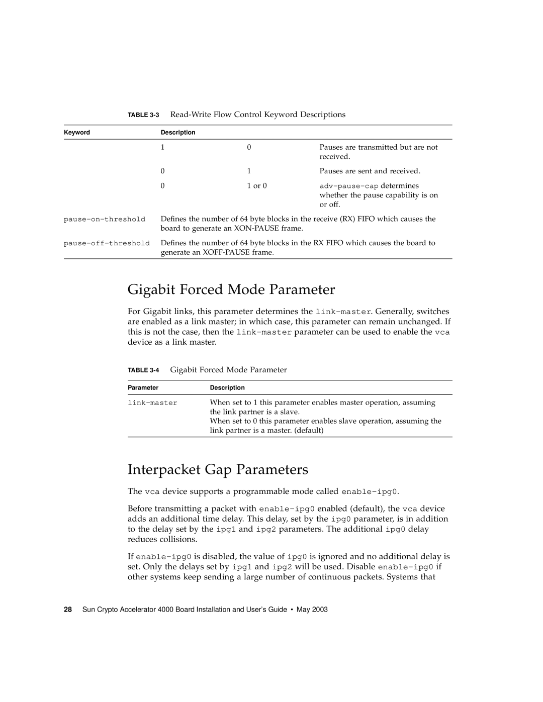 Sun Microsystems 4000 manual Interpacket Gap Parameters, 4Gigabit Forced Mode Parameter 