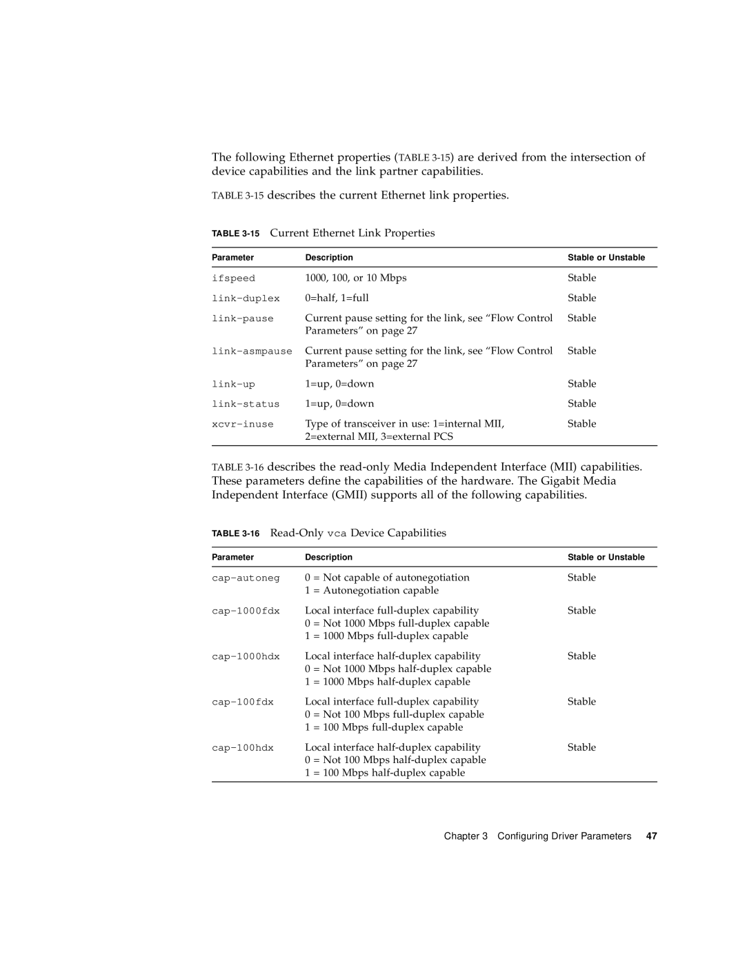 Sun Microsystems 4000 manual 15Current Ethernet Link Properties, 16Read-Only vca Device Capabilities 