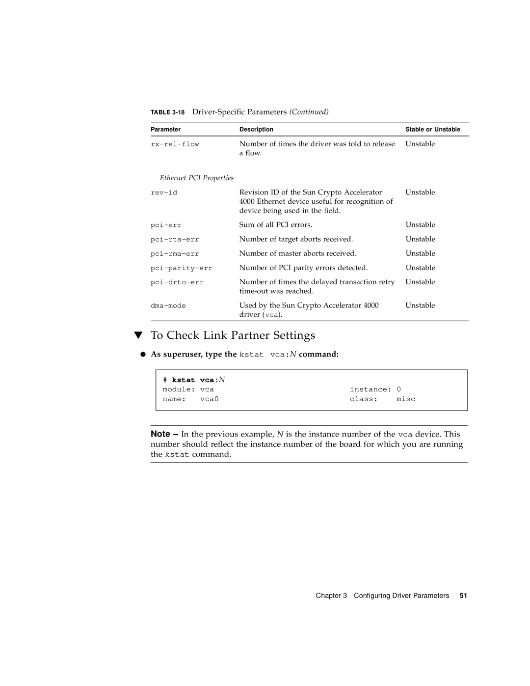 Sun Microsystems 4000 manual To Check Link Partner Settings, As superuser, type the kstat vcaN command, # kstat vcaN 