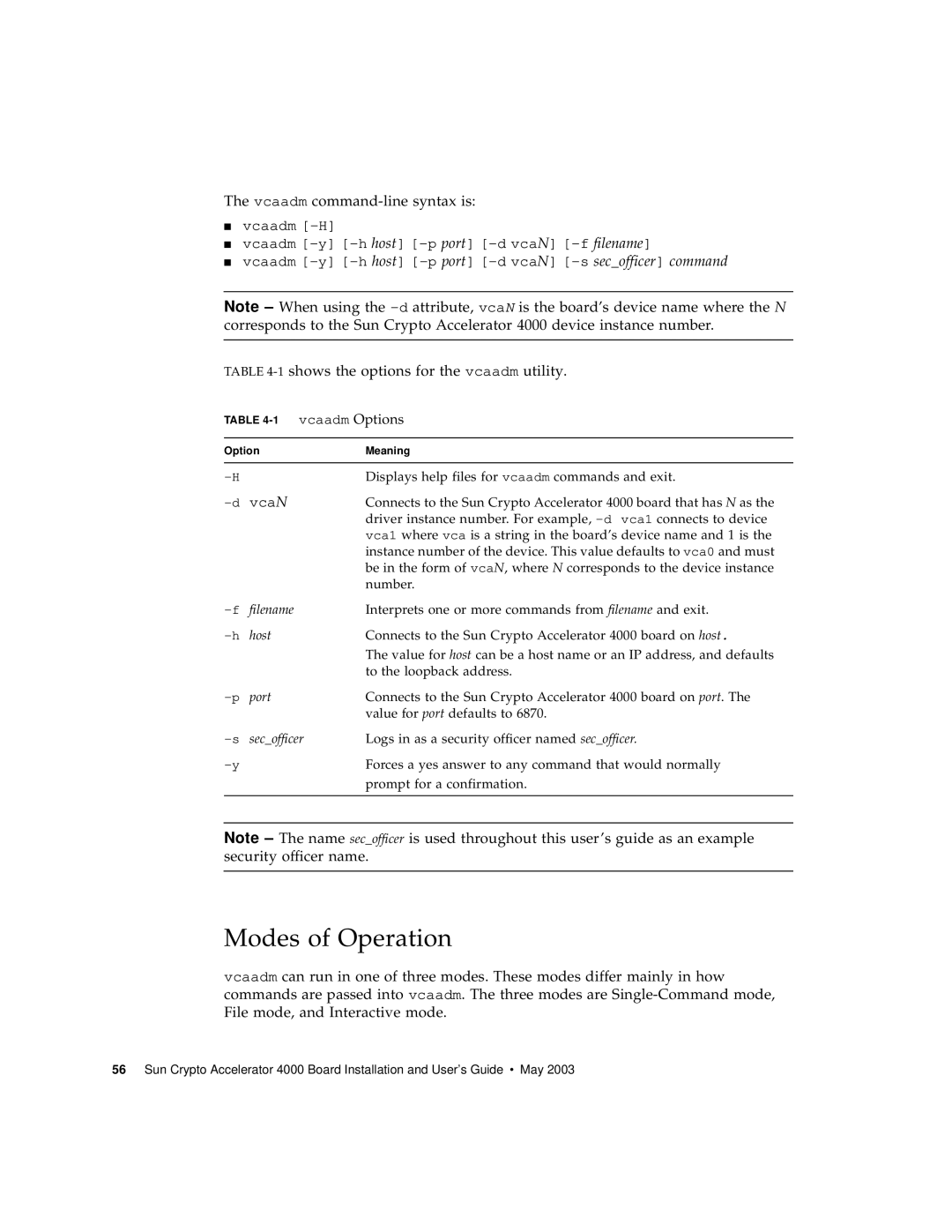 Sun Microsystems 4000 manual Modes of Operation, Vcaadm command-line syntax is, 1shows the options for the vcaadm utility 