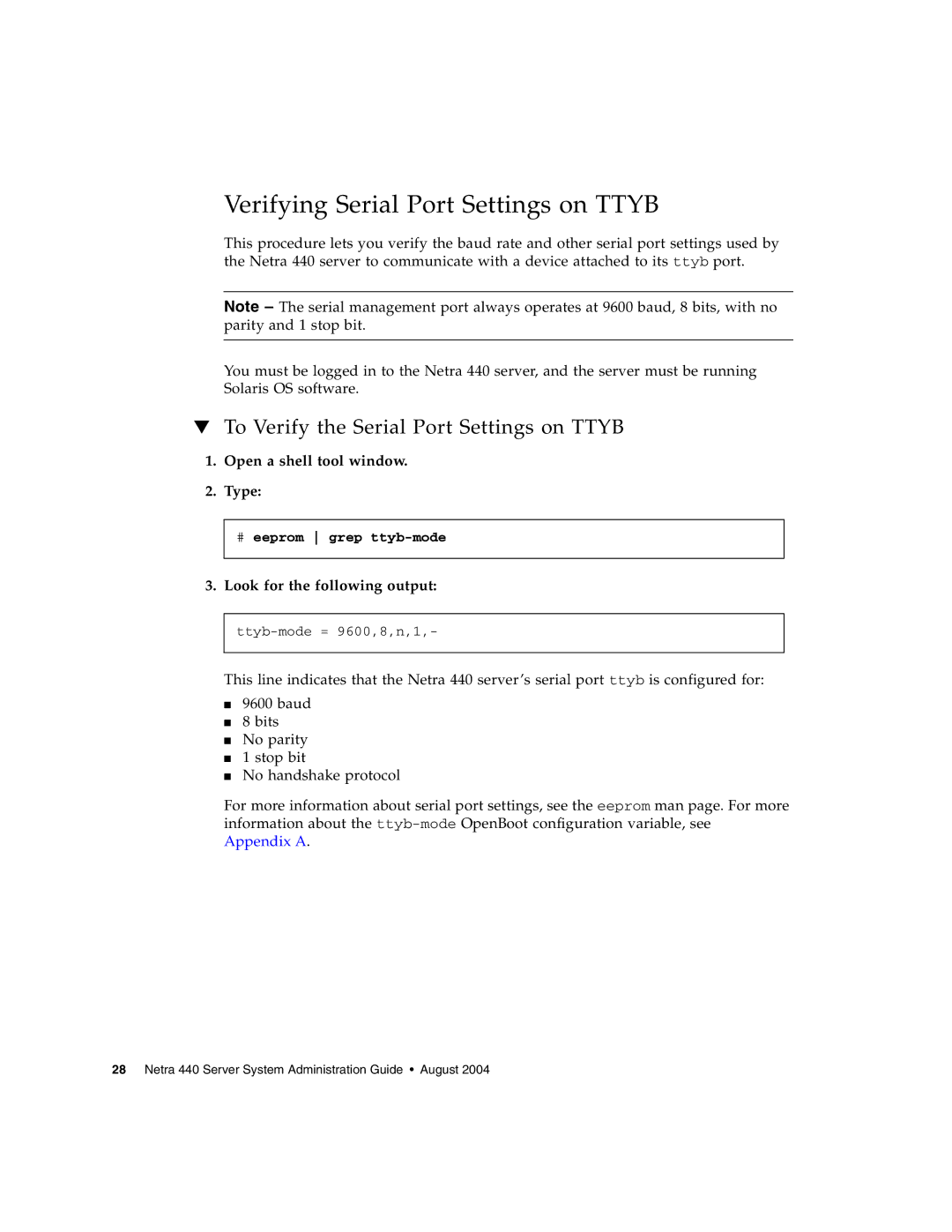 Sun Microsystems 440 manual Verifying Serial Port Settings on Ttyb, To Verify the Serial Port Settings on Ttyb 