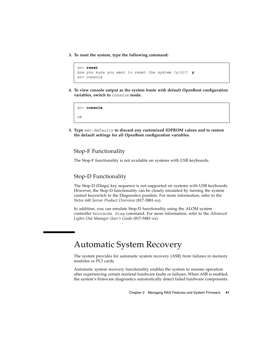 Sun Microsystems 440 manual Automatic System Recovery, Stop-F Functionality, Stop-D Functionality 