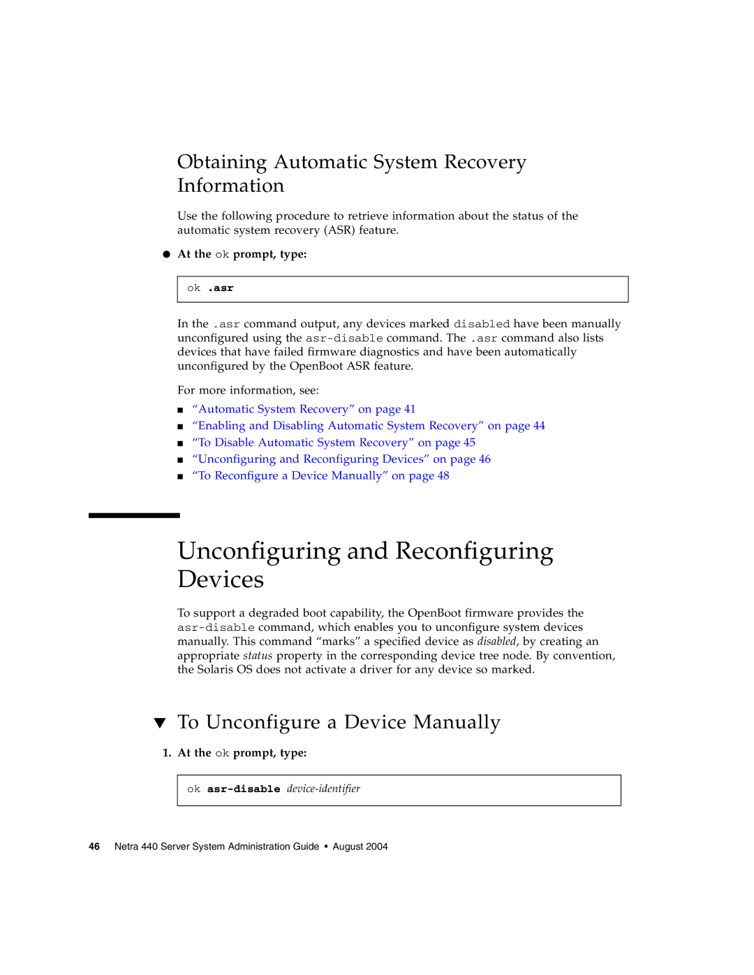 Sun Microsystems 440 manual Unconfiguring and Reconfiguring Devices, Obtaining Automatic System Recovery Information 