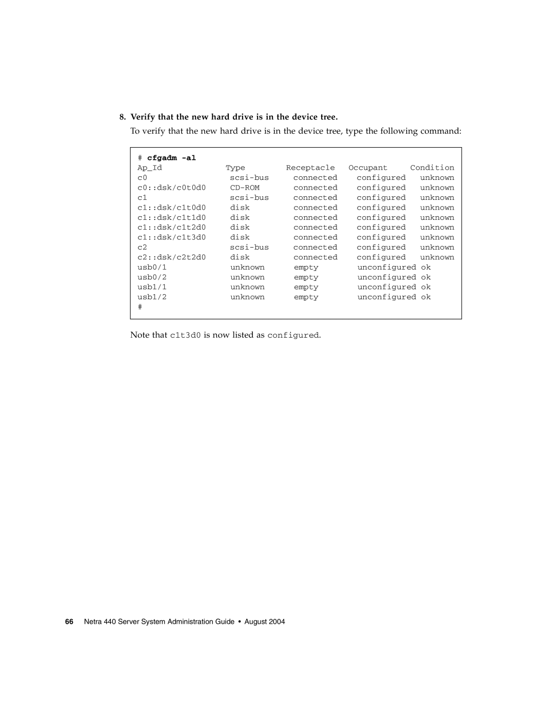 Sun Microsystems 440 manual Verify that the new hard drive is in the device tree 