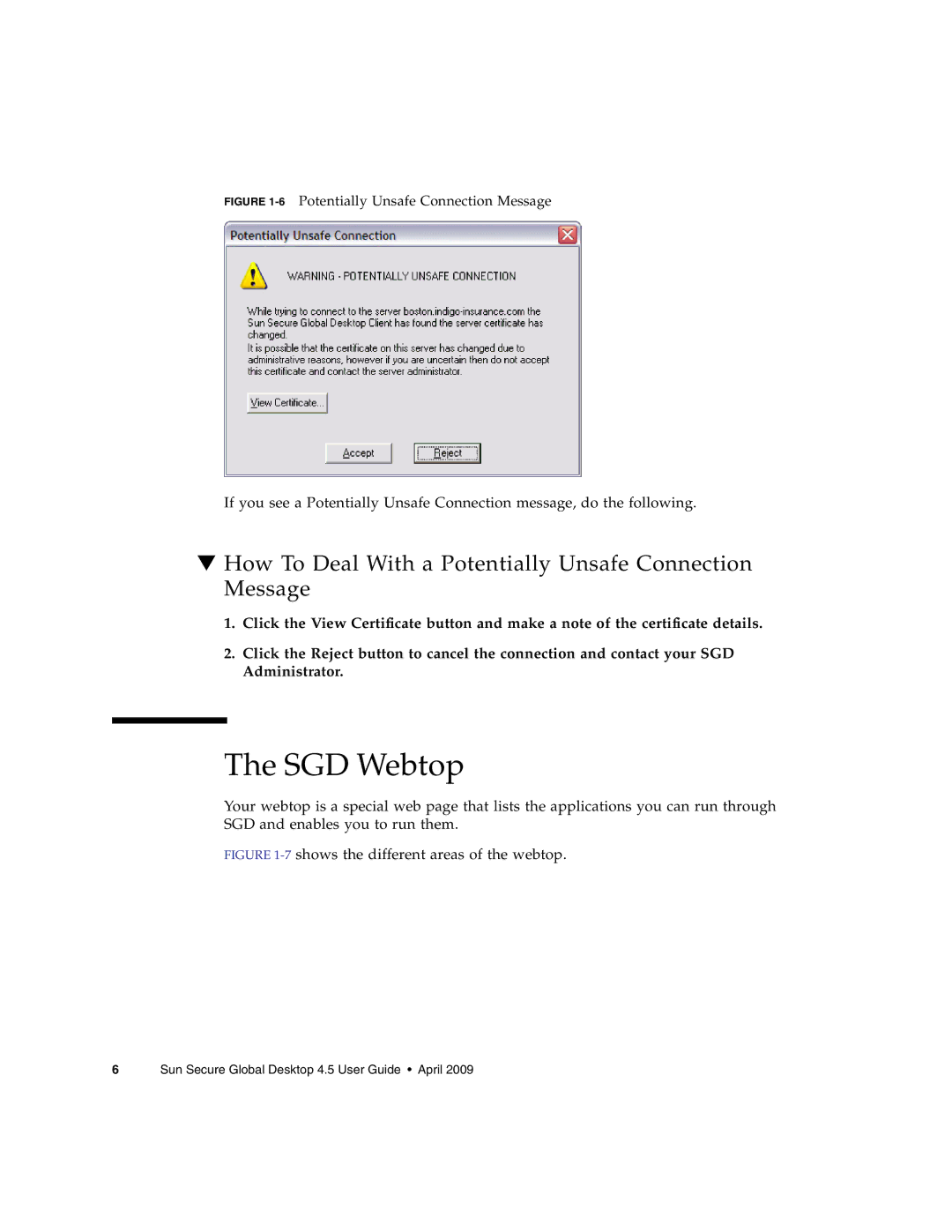 Sun Microsystems 4.5 manual SGD Webtop, How To Deal With a Potentially Unsafe Connection Message 