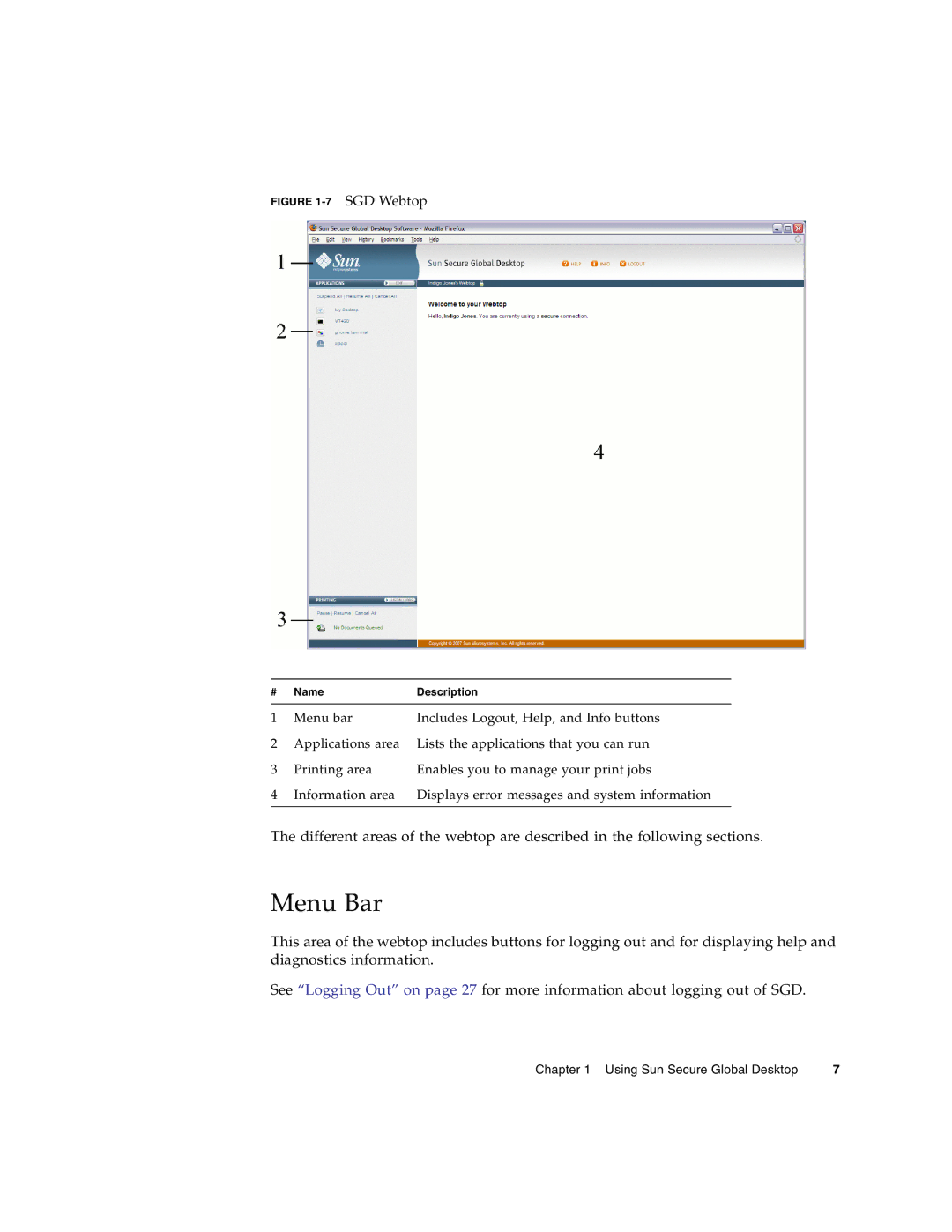 Sun Microsystems 4.5 manual Menu Bar, SGD Webtop Name Description 