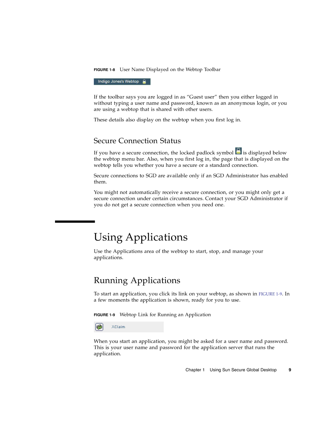 Sun Microsystems 4.5 manual Using Applications, Running Applications, Secure Connection Status 