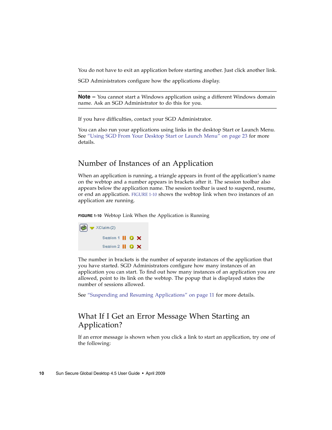 Sun Microsystems 4.5 Number of Instances of an Application, What If I Get an Error Message When Starting an Application? 