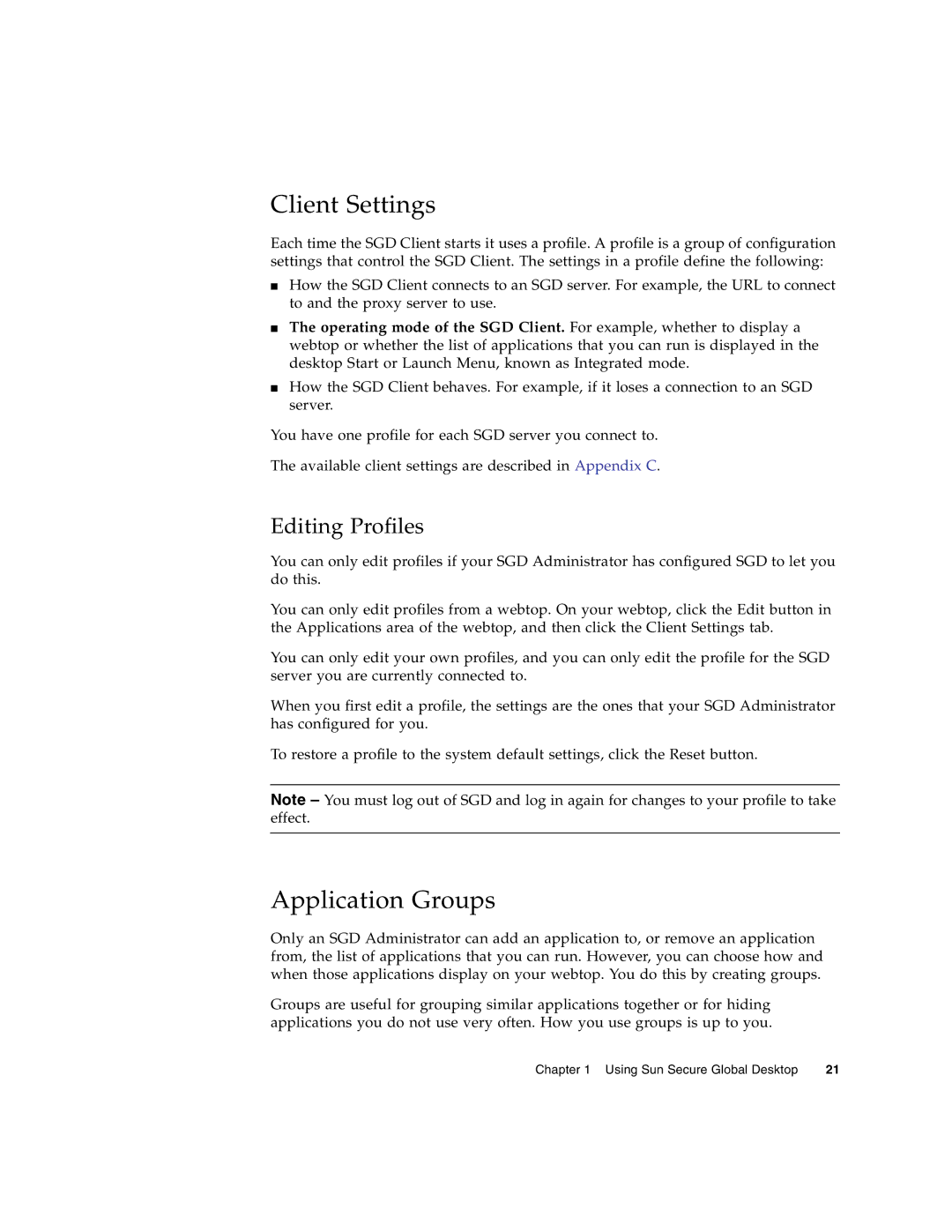 Sun Microsystems 4.5 manual Client Settings, Application Groups, Editing Profiles 