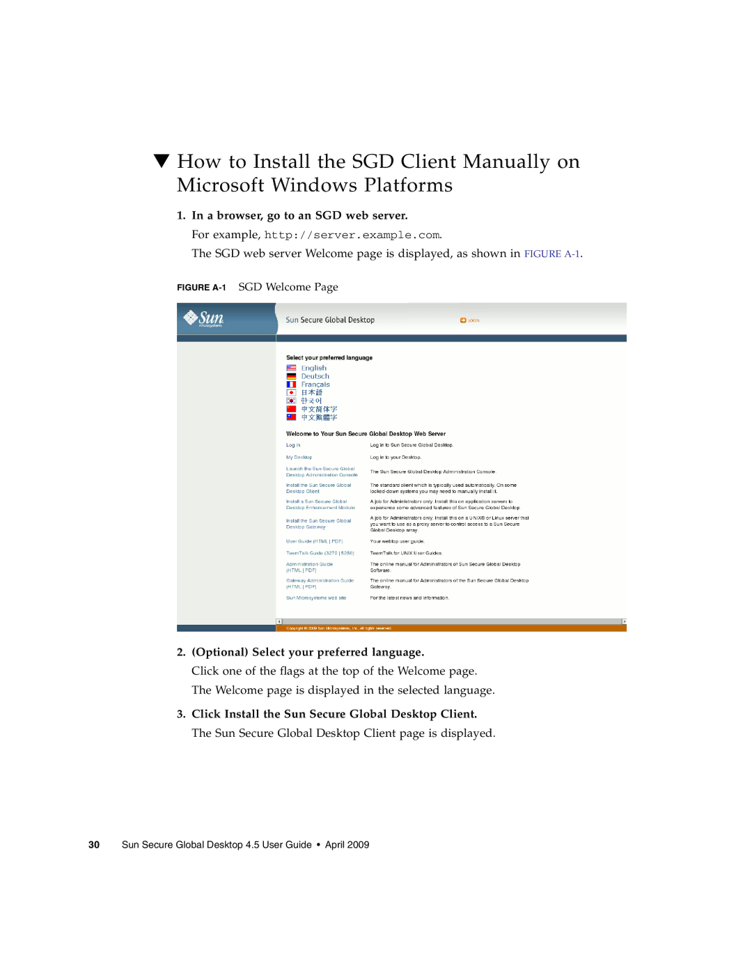 Sun Microsystems 4.5 manual A browser, go to an SGD web server, Optional Select your preferred language 