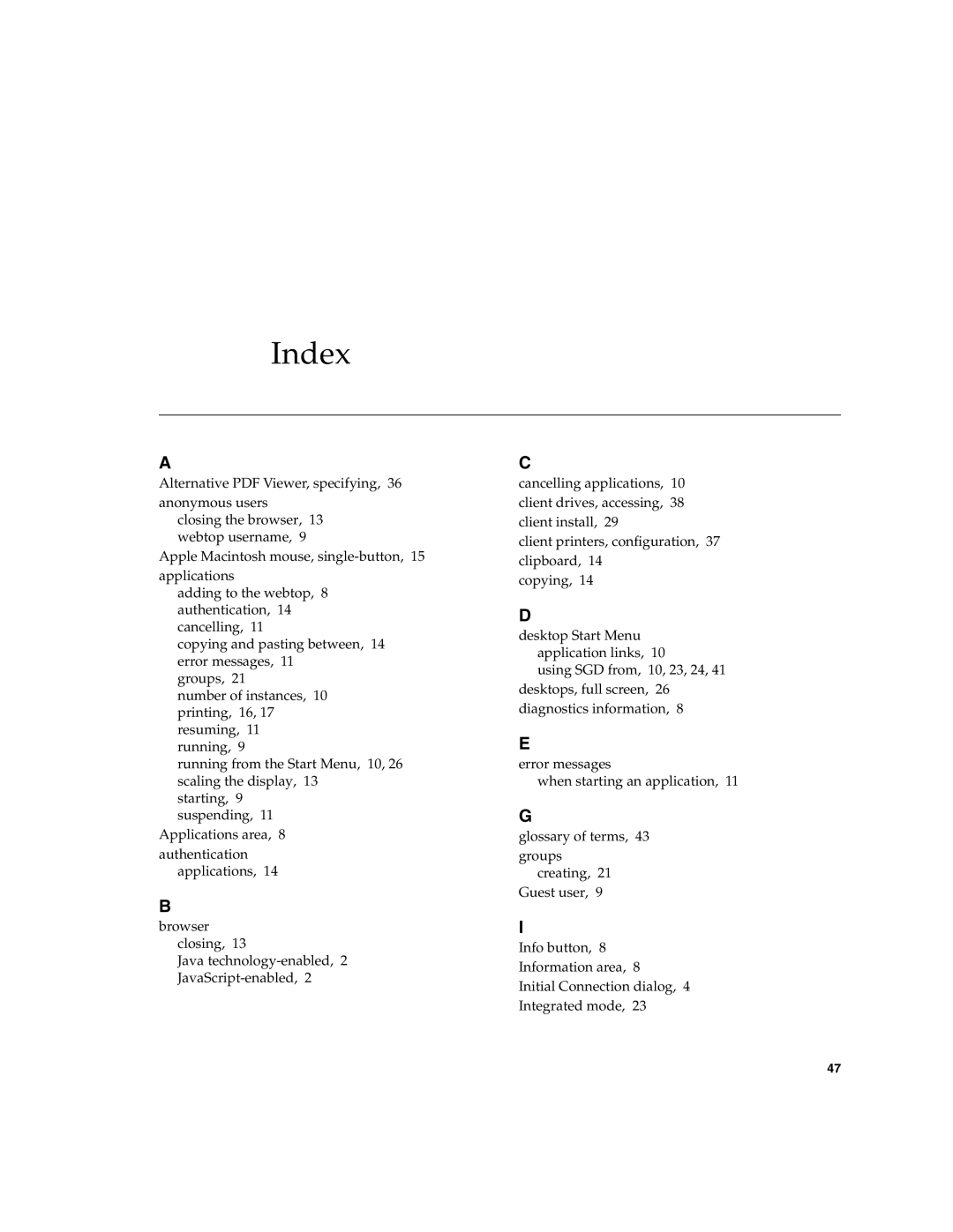 Sun Microsystems 4.5 manual Index 