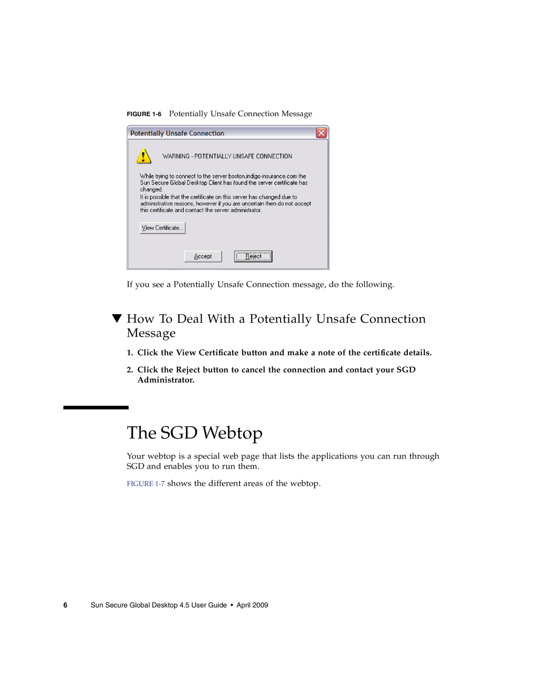 Sun Microsystems 4.5 manual The SGD Webtop, How To Deal With a Potentially Unsafe Connection Message 