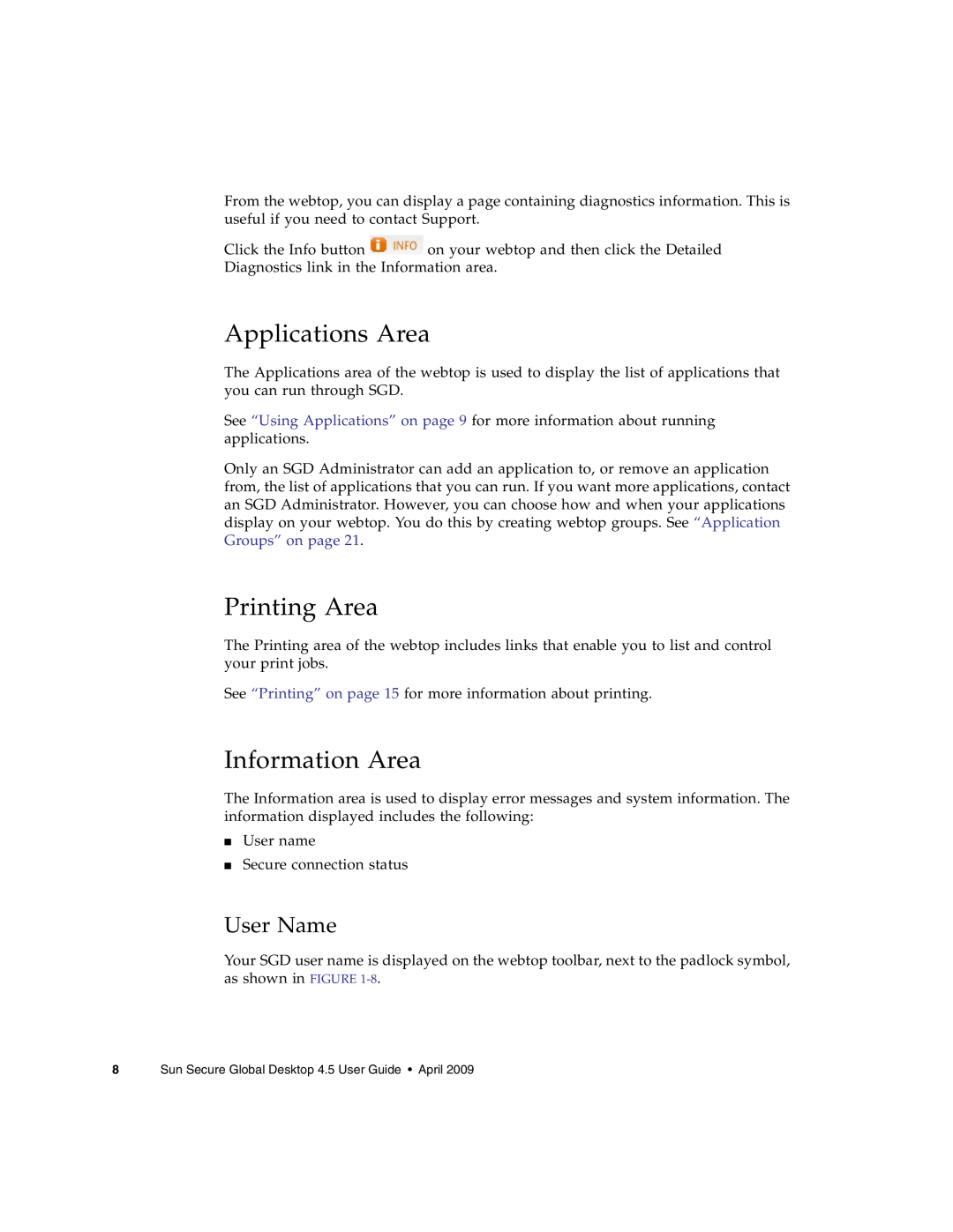 Sun Microsystems 4.5 manual Applications Area, Printing Area, Information Area, User Name 