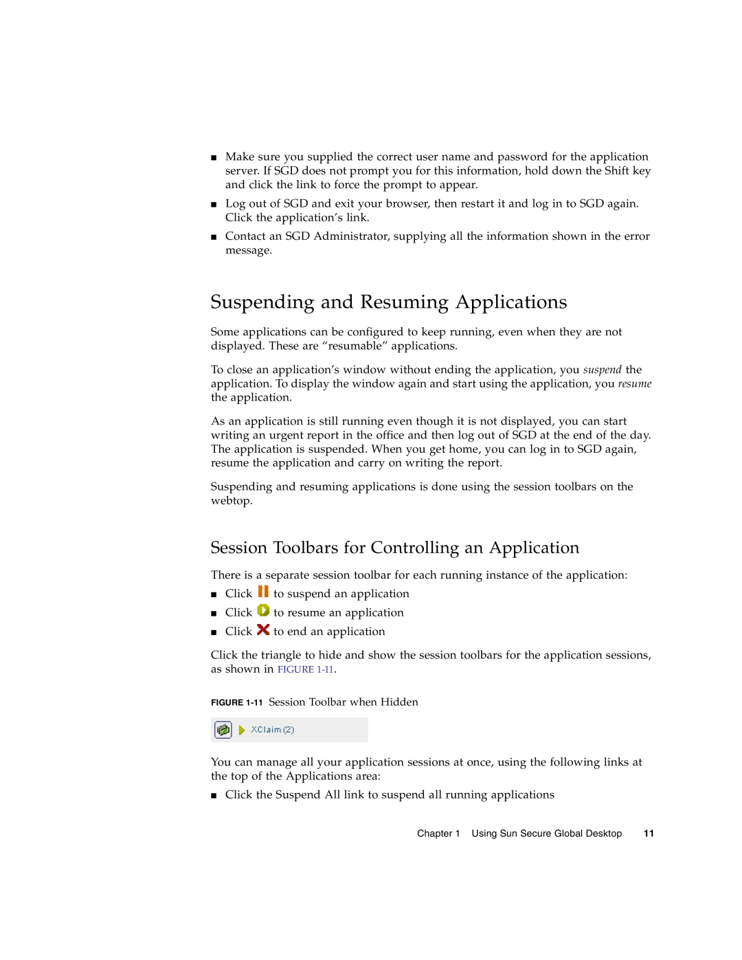 Sun Microsystems 4.5 manual Suspending and Resuming Applications, Session Toolbars for Controlling an Application 