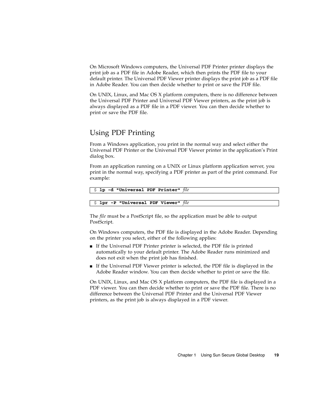 Sun Microsystems 4.5 manual Using PDF Printing, $ lp -d Universal PDF Printer file $ lpr -P Universal PDF Viewer file 
