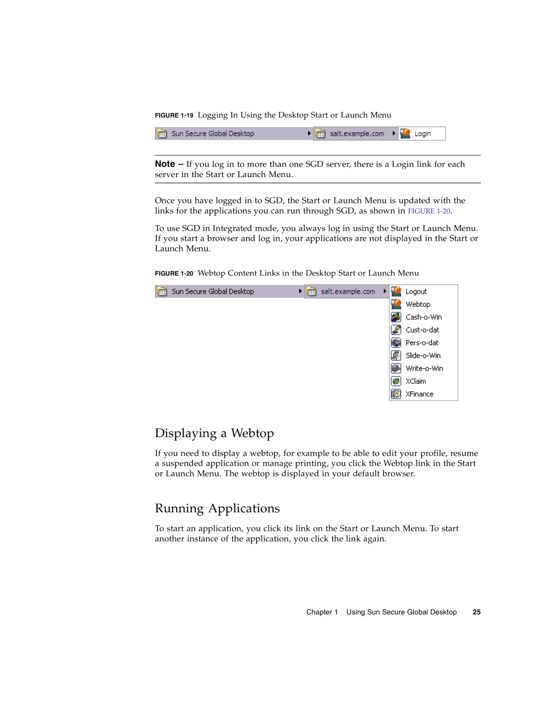 Sun Microsystems 4.5 manual Displaying a Webtop, Running Applications, 19 Logging In Using the Desktop Start or Launch Menu 