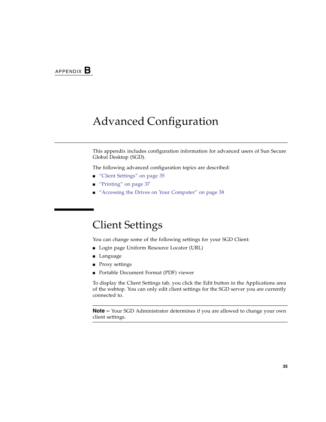Sun Microsystems 4.5 manual Advanced Configuration, “Client Settings” on page “Printing” on page 