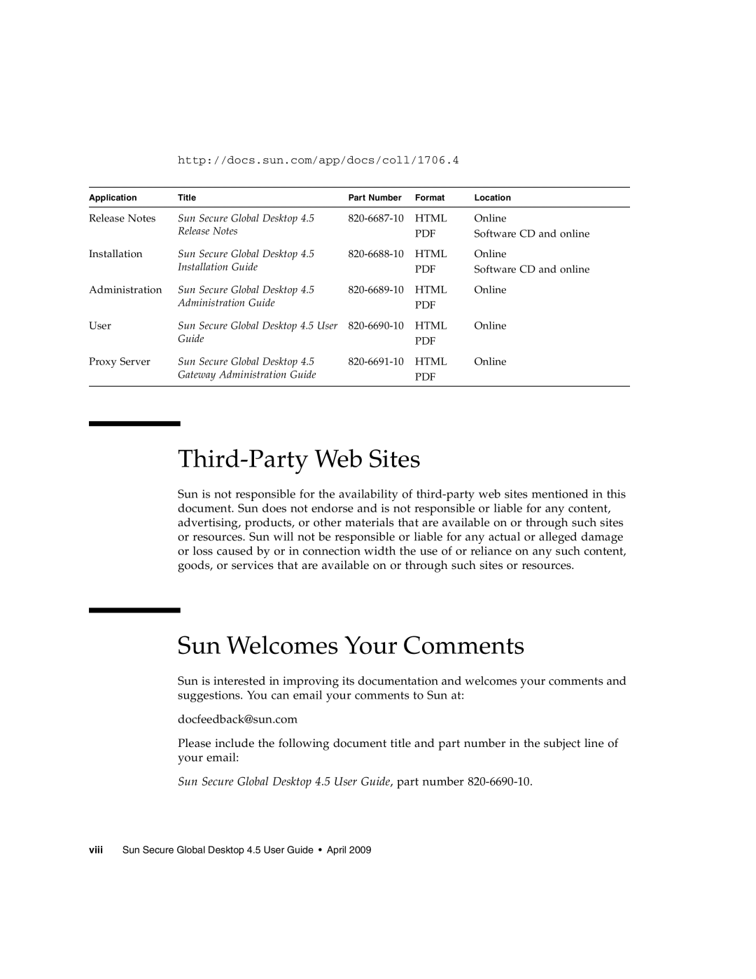 Sun Microsystems 4.5 manual Third-Party Web Sites, Sun Welcomes Your Comments 
