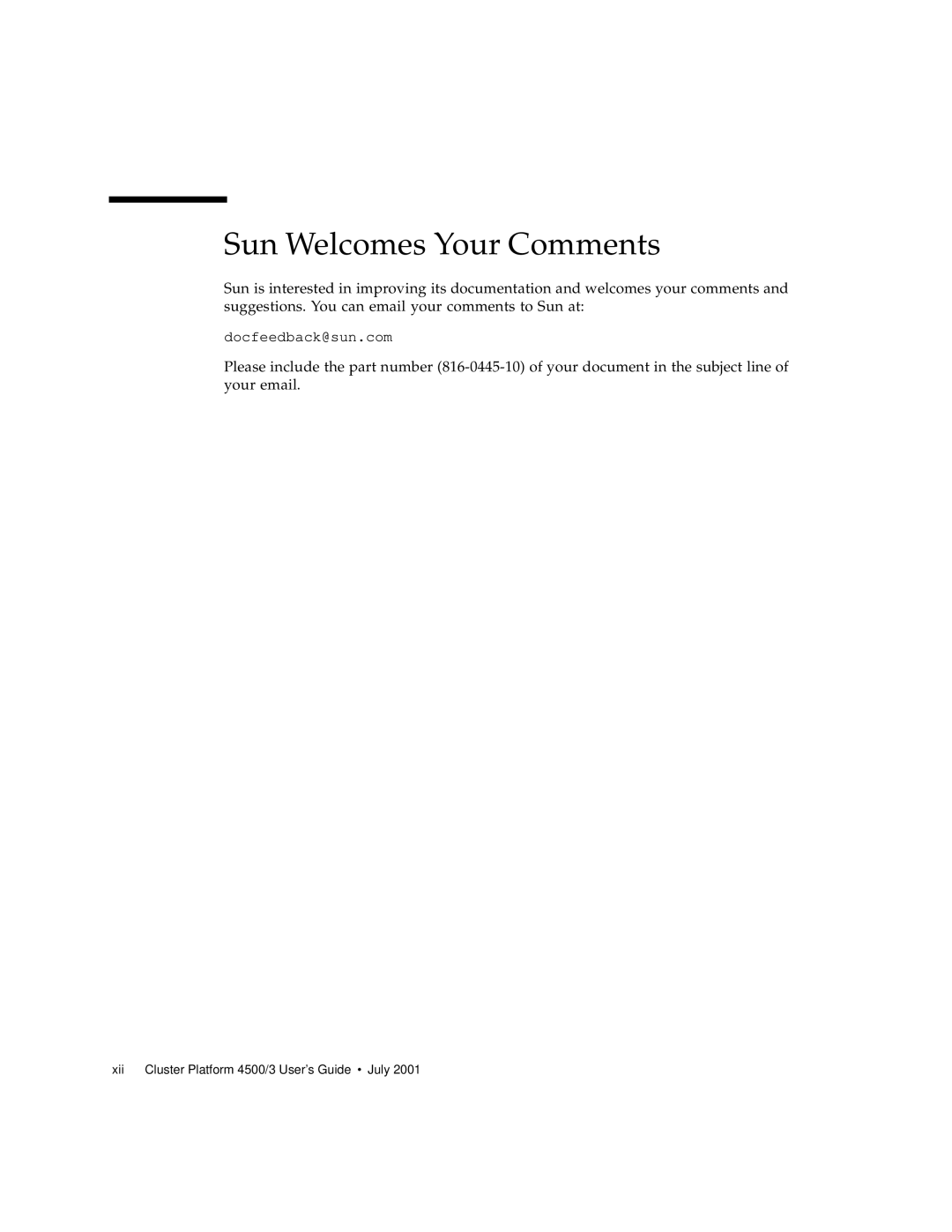 Sun Microsystems 4500/3 manual Sun Welcomes Your Comments 