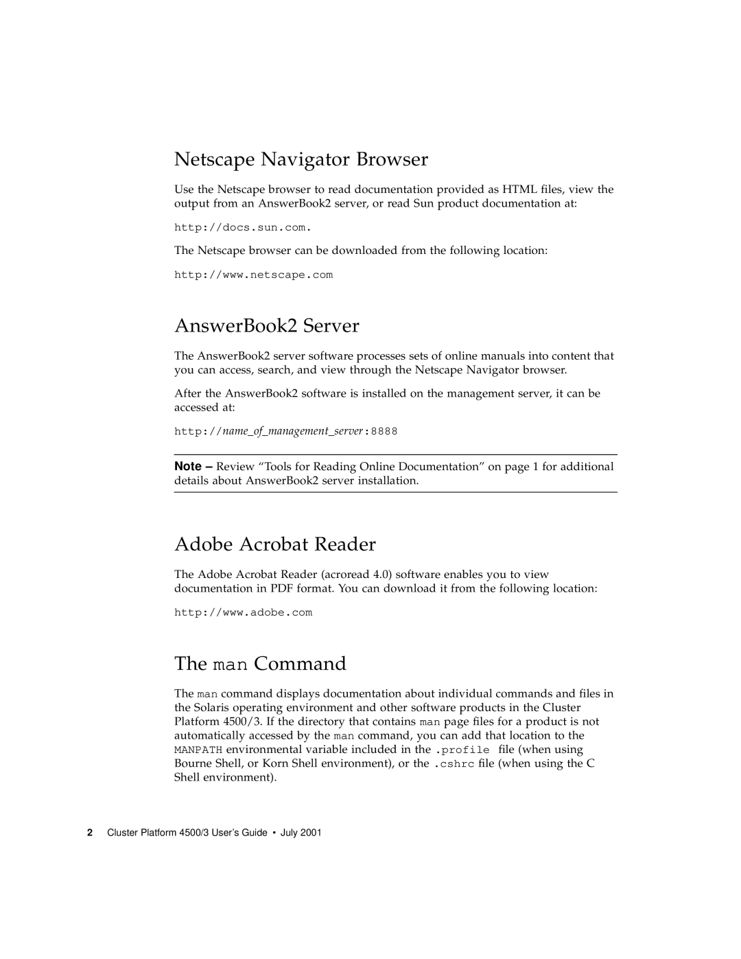 Sun Microsystems 4500/3 manual Netscape Navigator Browser, AnswerBook2 Server, Adobe Acrobat Reader Man Command 