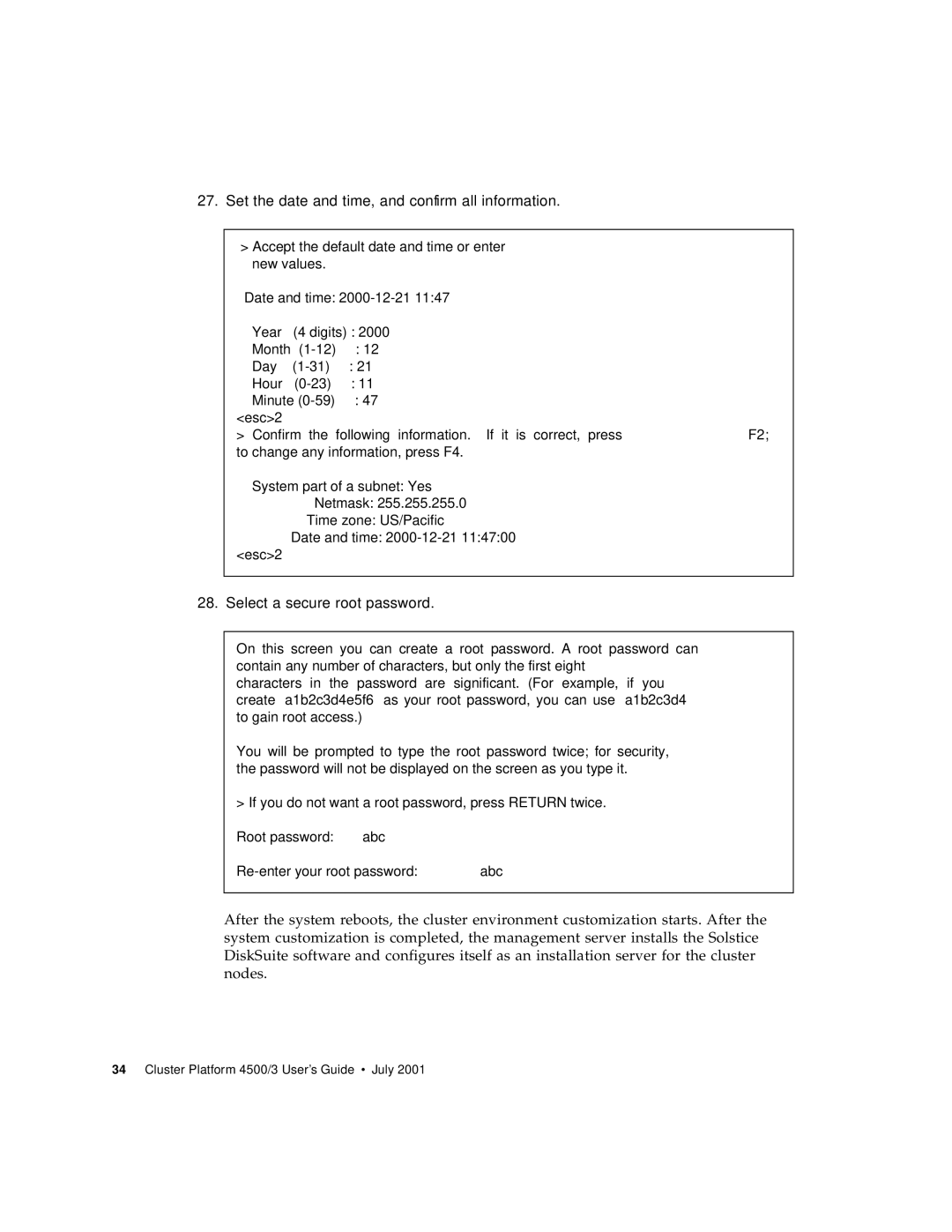 Sun Microsystems 4500/3 manual Set the date and time, and confirm all information, Select a secure root password 