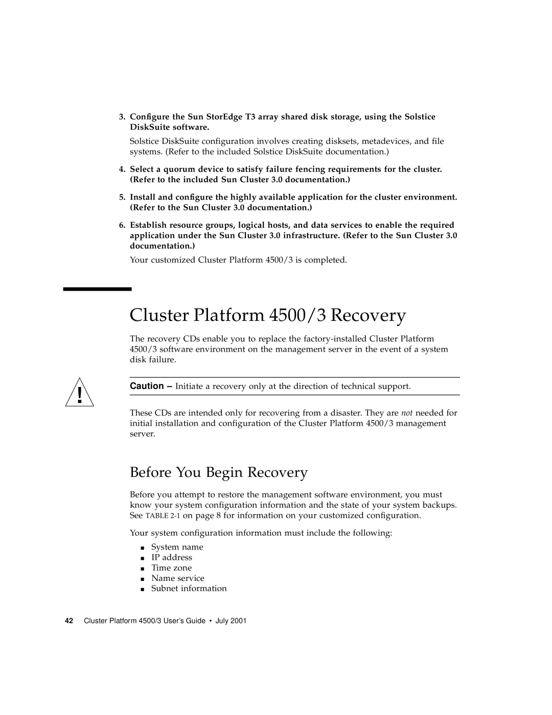 Sun Microsystems manual Cluster Platform 4500/3 Recovery, Before You Begin Recovery 