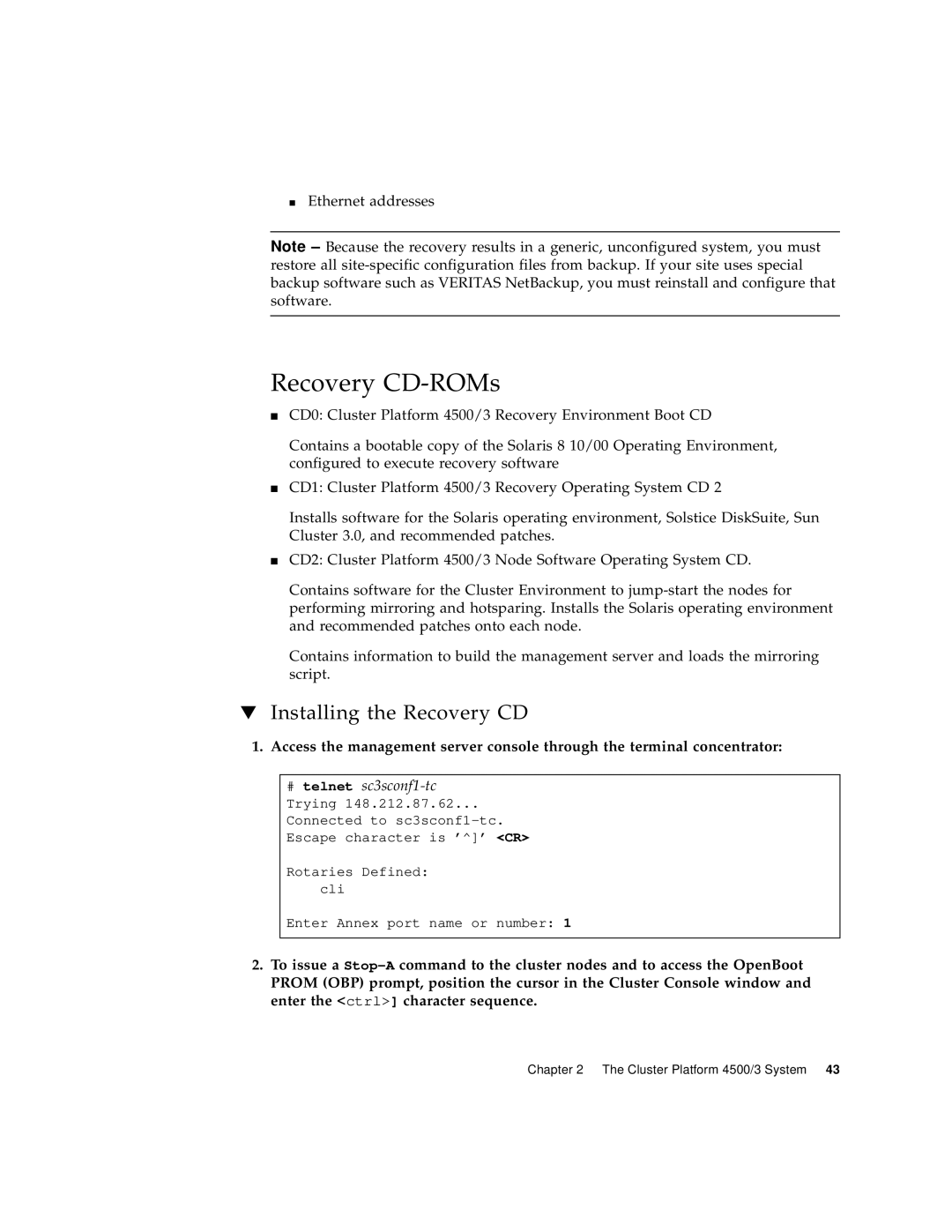 Sun Microsystems 4500/3 manual Recovery CD-ROMs, Installing the Recovery CD 