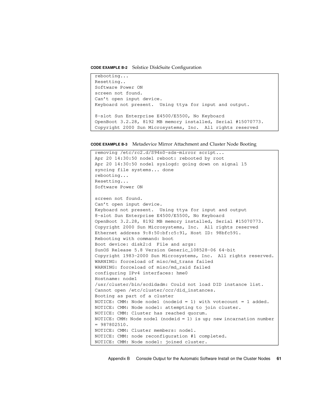 Sun Microsystems 4500/3 manual Code Example B-2Solstice DiskSuite Configuration 