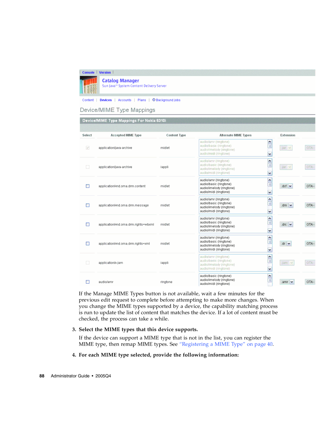 Sun Microsystems 5 manual Select the Mime types that this device supports 