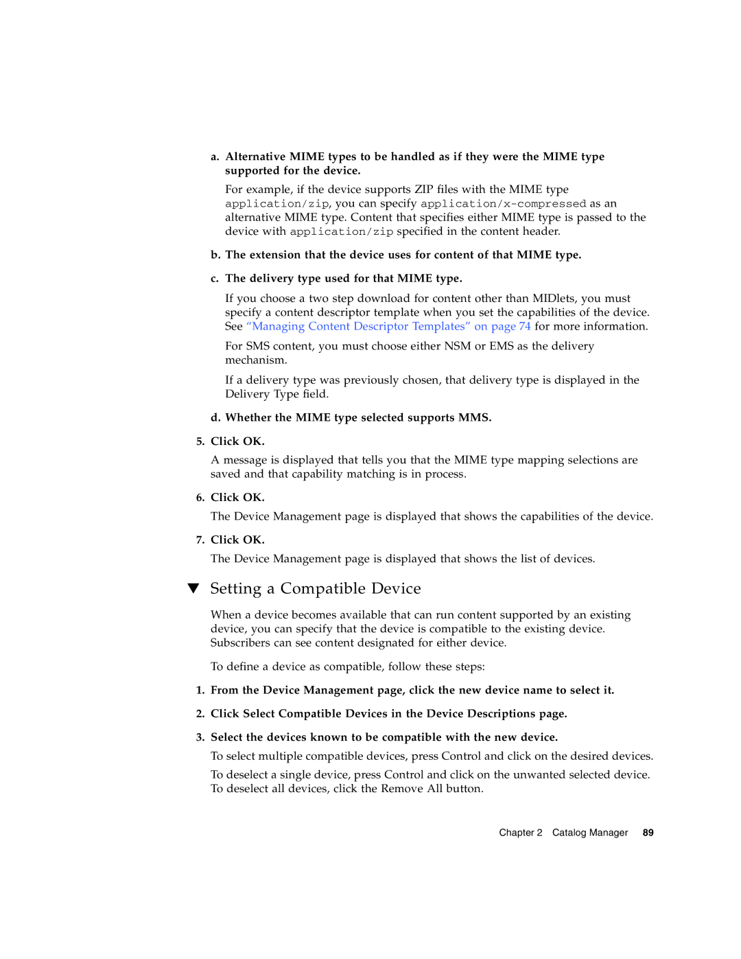 Sun Microsystems 5 manual Setting a Compatible Device, Whether the Mime type selected supports MMS Click OK 