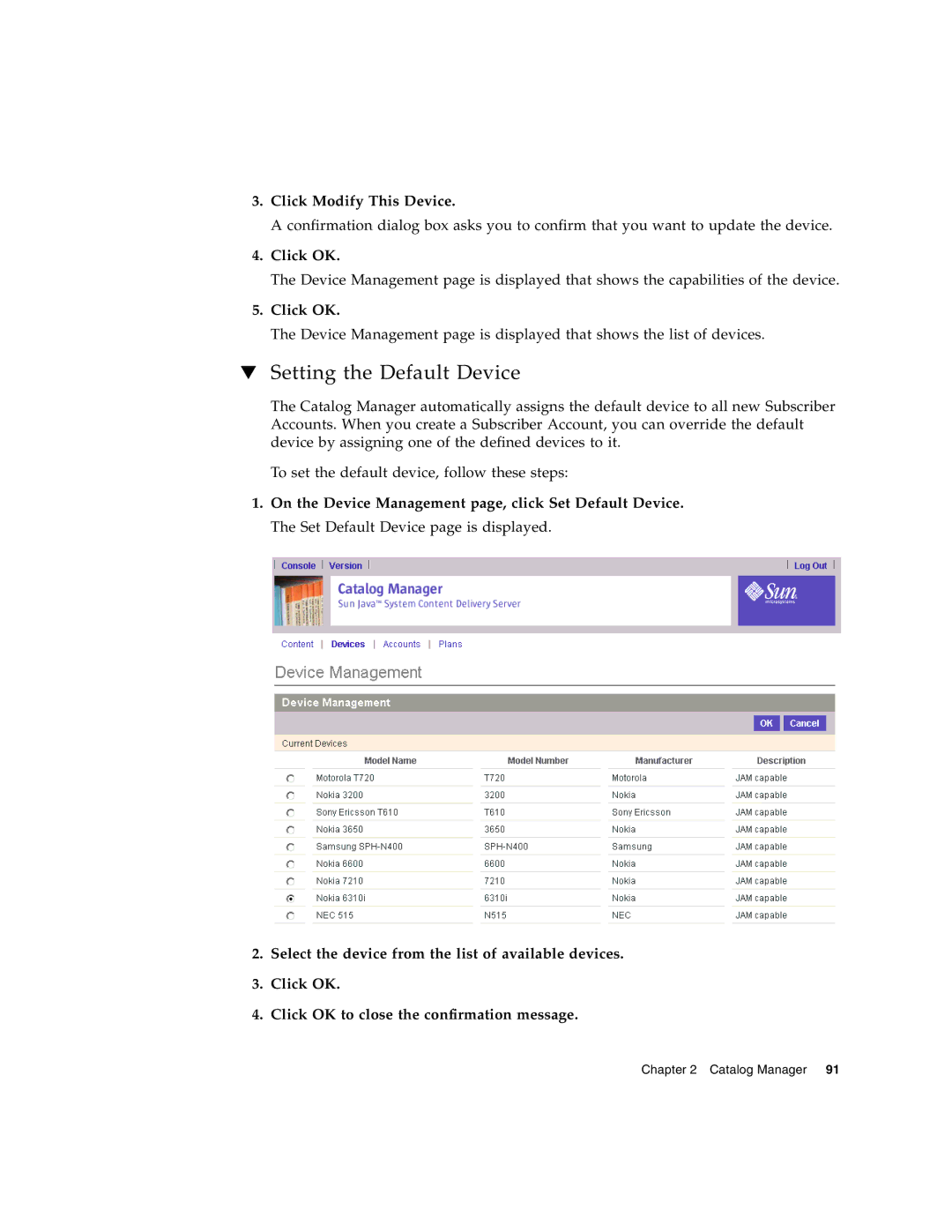 Sun Microsystems 5 manual Setting the Default Device, Click Modify This Device 