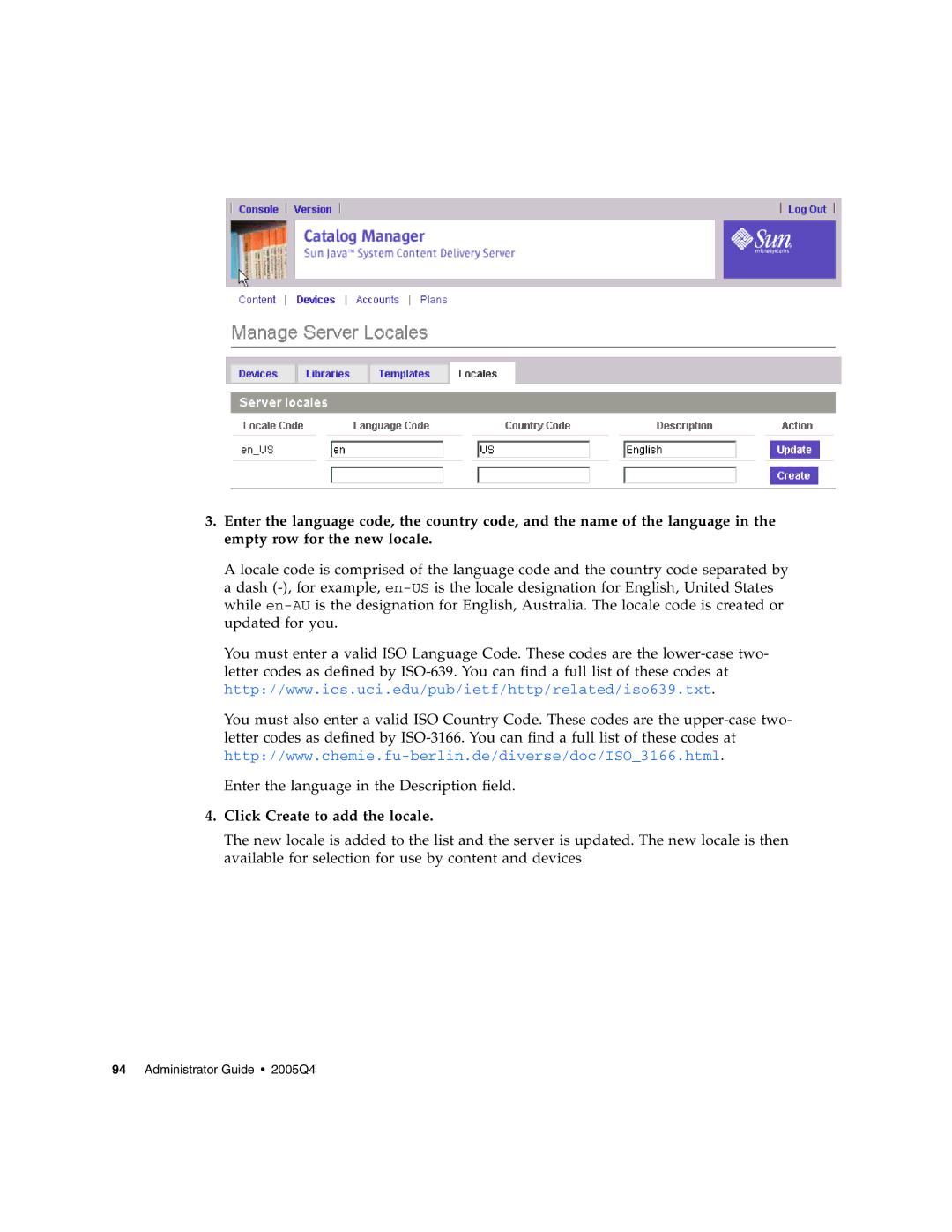 Sun Microsystems 5 manual Click Create to add the locale 