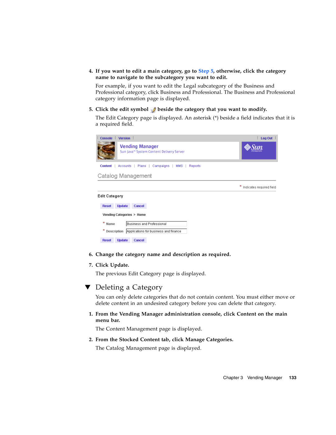 Sun Microsystems 5 manual Deleting a Category 