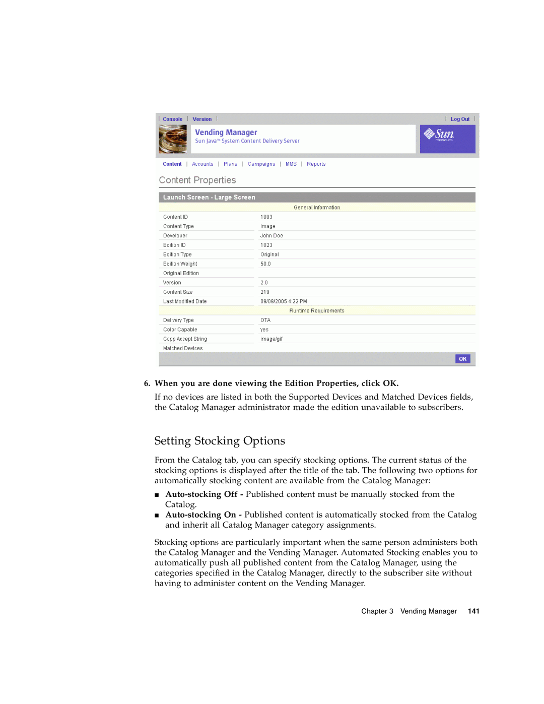 Sun Microsystems 5 manual Setting Stocking Options, When you are done viewing the Edition Properties, click OK 