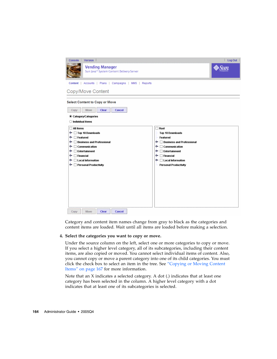 Sun Microsystems 5 manual Select the categories you want to copy or move 