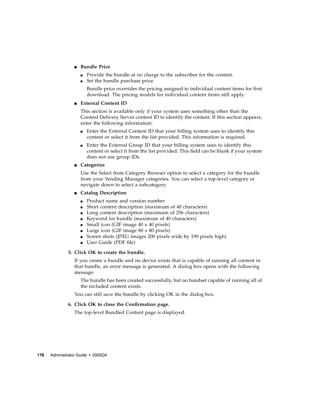 Sun Microsystems 5 manual Bundle Price, External Content ID, Categories, Catalog Description, Click OK to create the bundle 