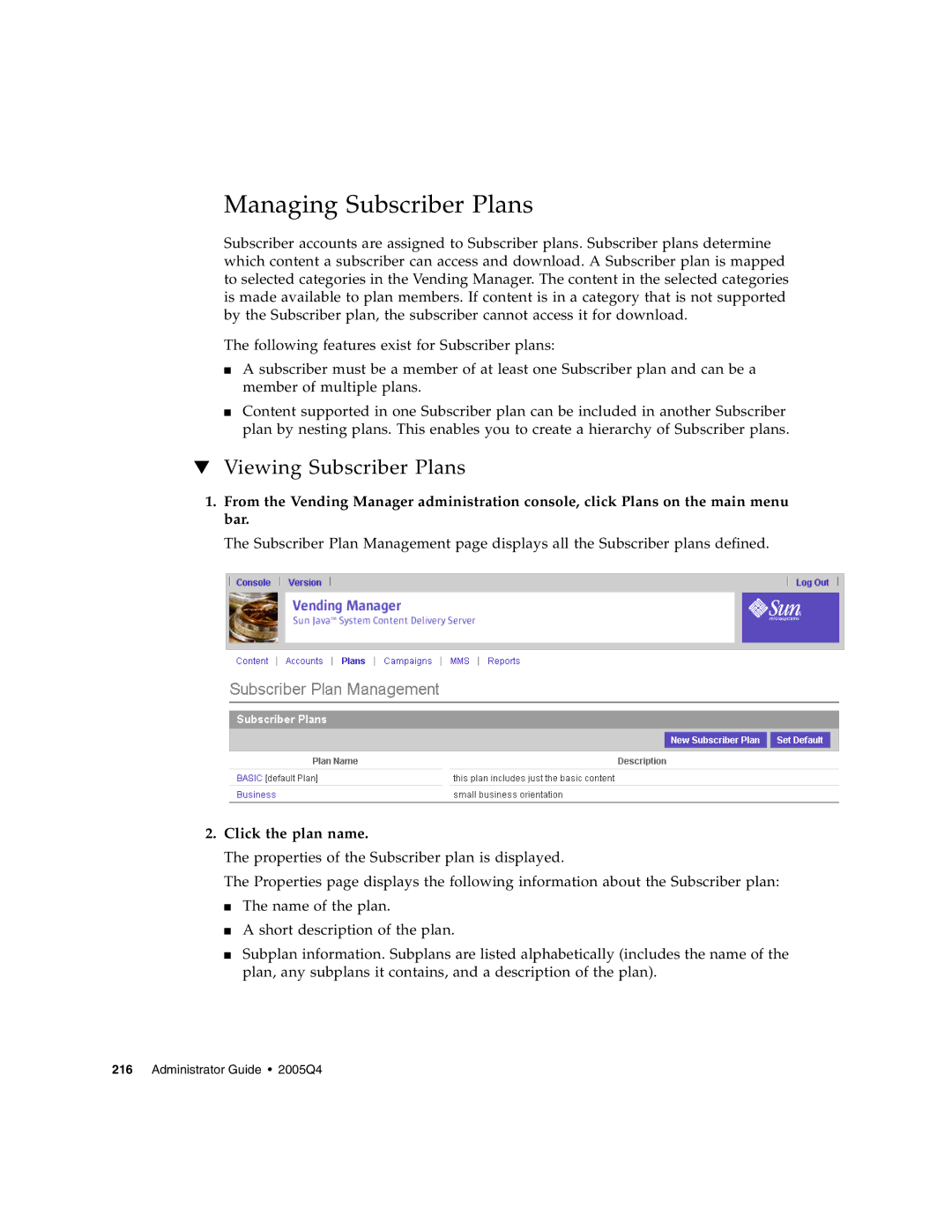 Sun Microsystems 5 manual Managing Subscriber Plans, Viewing Subscriber Plans, Click the plan name 