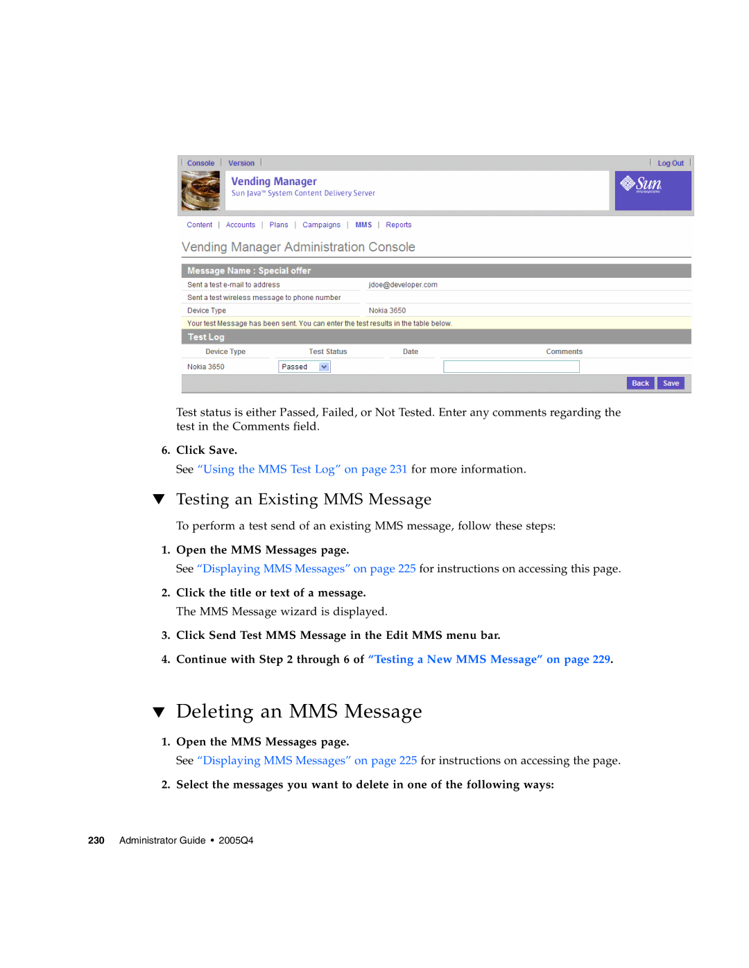 Sun Microsystems 5 manual Deleting an MMS Message, Testing an Existing MMS Message, Open the MMS Messages 