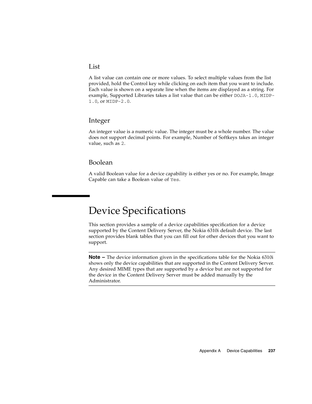 Sun Microsystems 5 manual Device Specifications, List, Integer, Boolean 