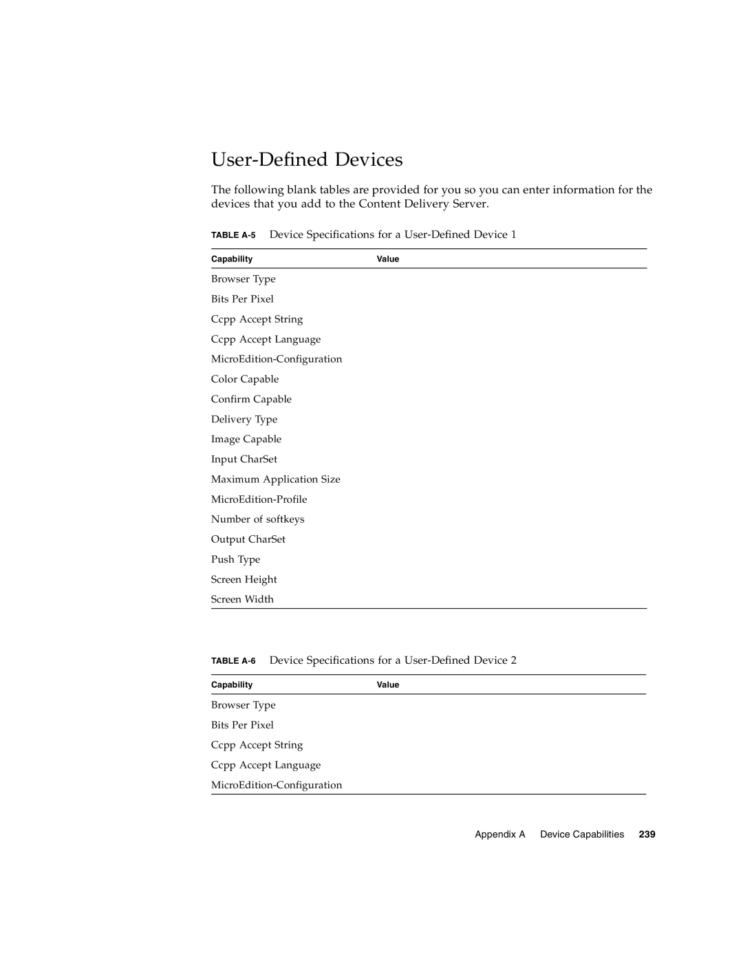 Sun Microsystems manual User-Defined Devices, Table A-5Device Specifications for a User-Defined Device 