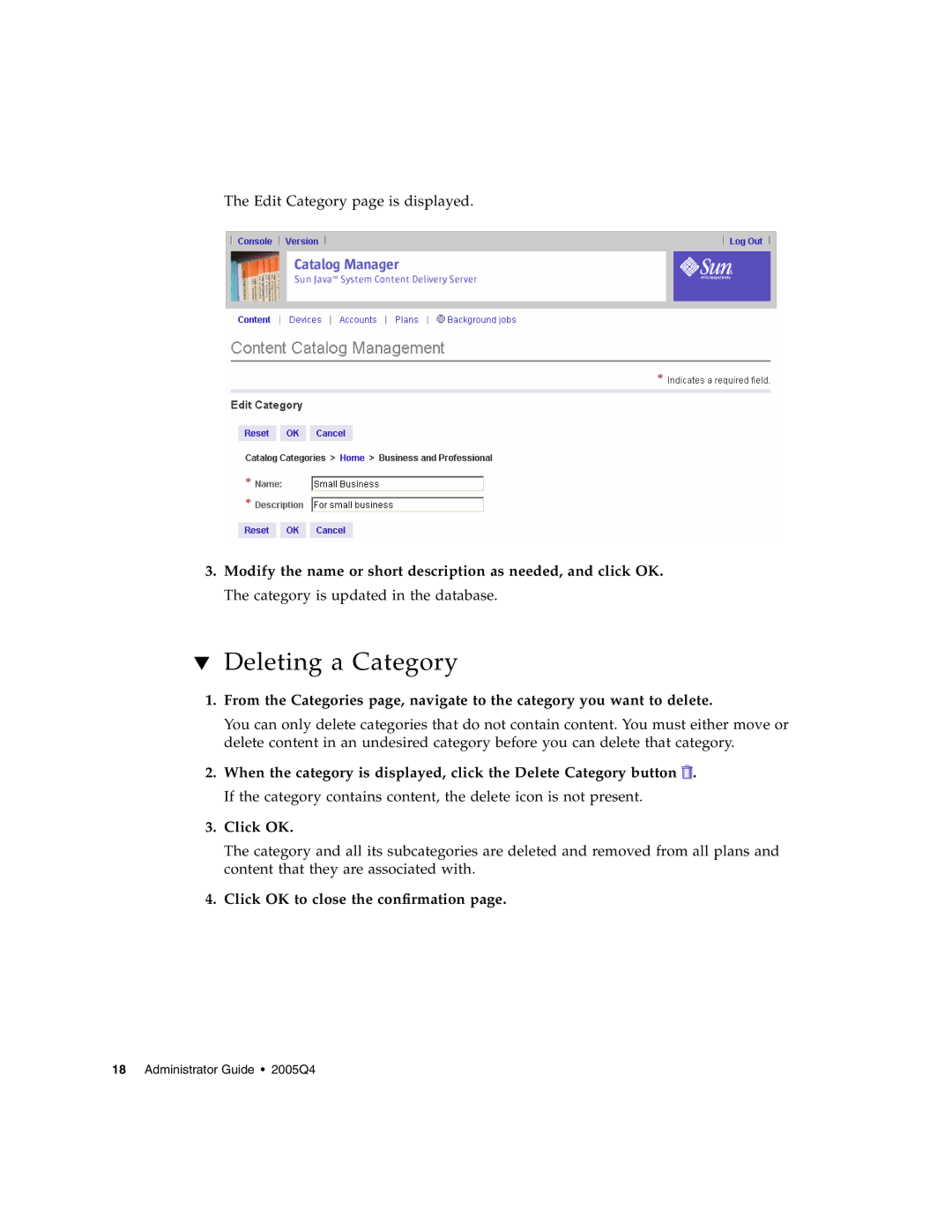 Sun Microsystems 5 manual Deleting a Category, Click OK to close the confirmation 