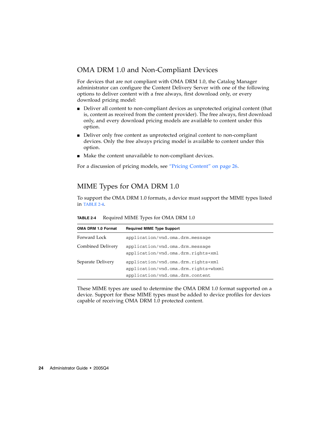 Sun Microsystems 5 manual OMA DRM 1.0 and Non-Compliant Devices, 4Required Mime Types for OMA DRM 