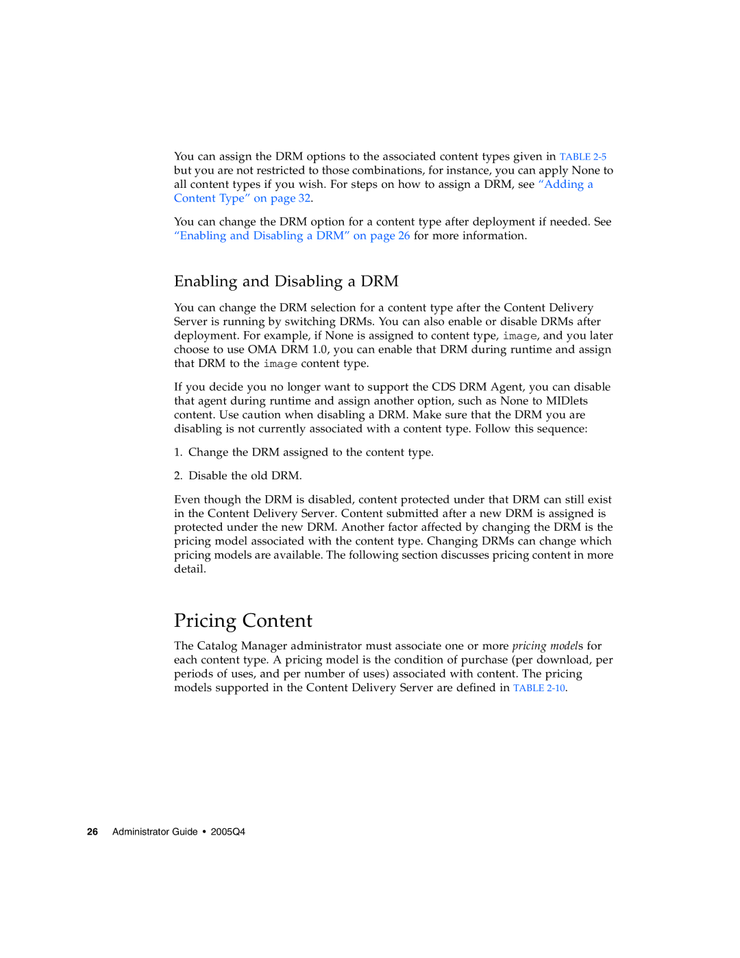 Sun Microsystems 5 manual Pricing Content, Enabling and Disabling a DRM 