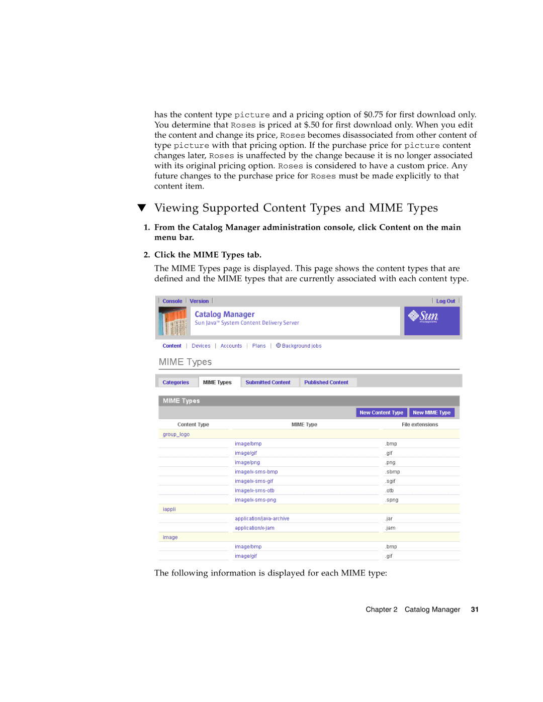 Sun Microsystems 5 manual Viewing Supported Content Types and Mime Types 