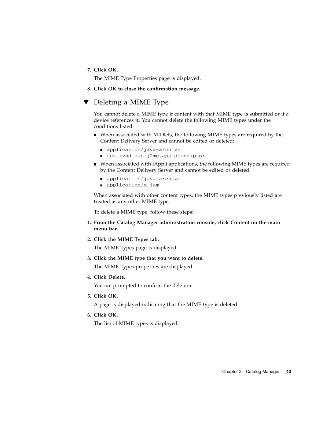 Sun Microsystems 5 manual Deleting a Mime Type, Click OK to close the confirmation message 