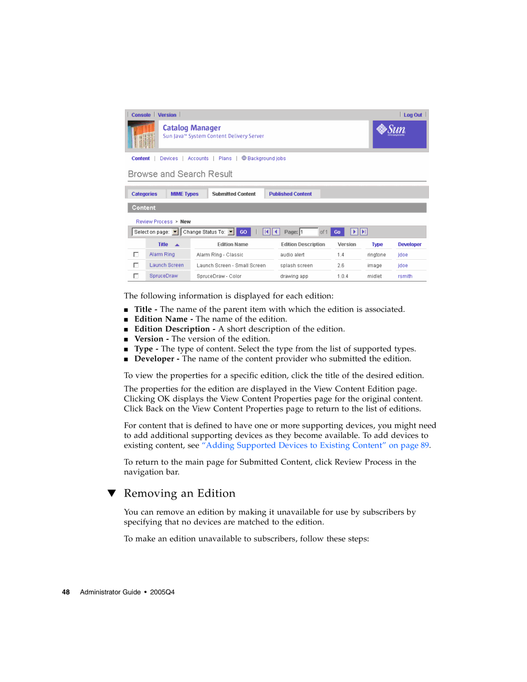 Sun Microsystems 5 manual Removing an Edition 