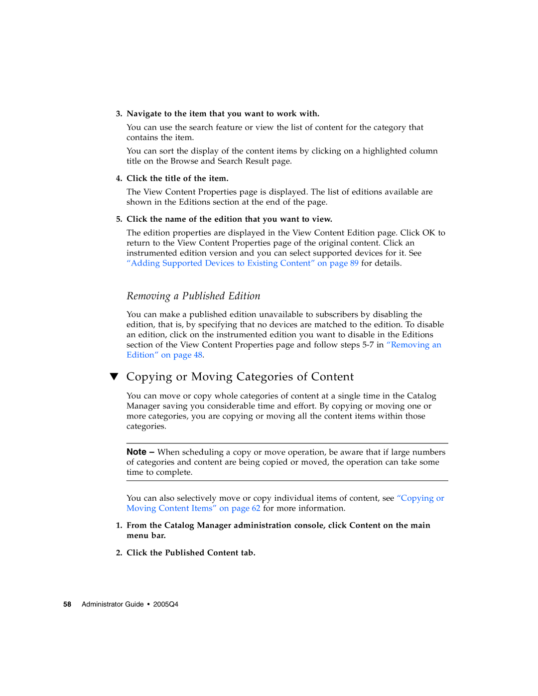 Sun Microsystems 5 manual Copying or Moving Categories of Content, Navigate to the item that you want to work with 