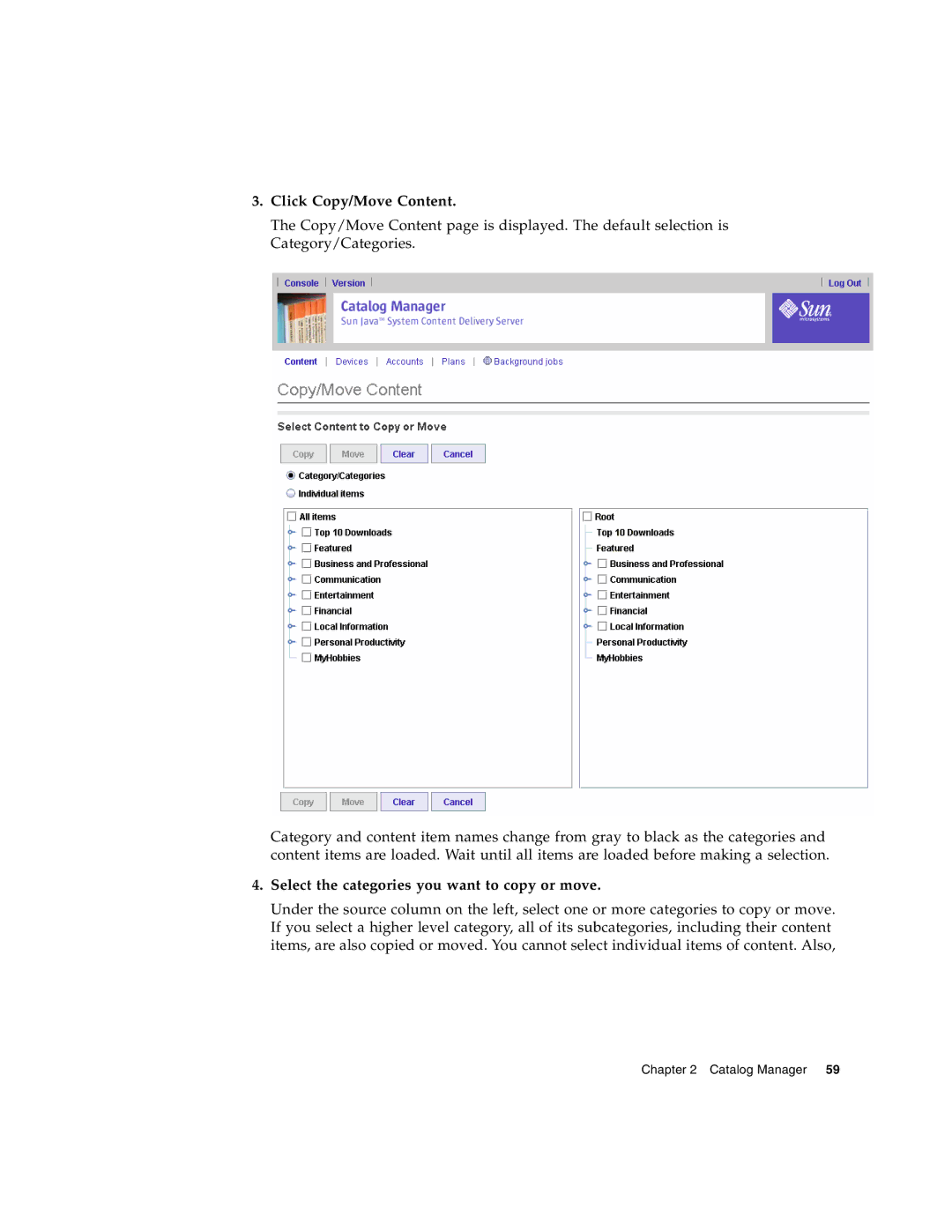 Sun Microsystems 5 manual Click Copy/Move Content, Select the categories you want to copy or move 