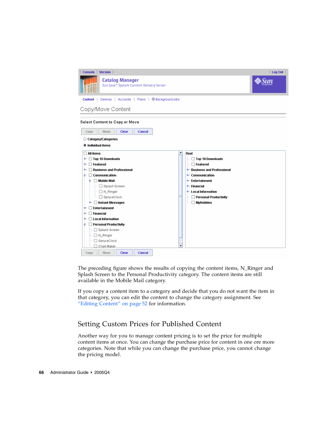 Sun Microsystems 5 manual Setting Custom Prices for Published Content 